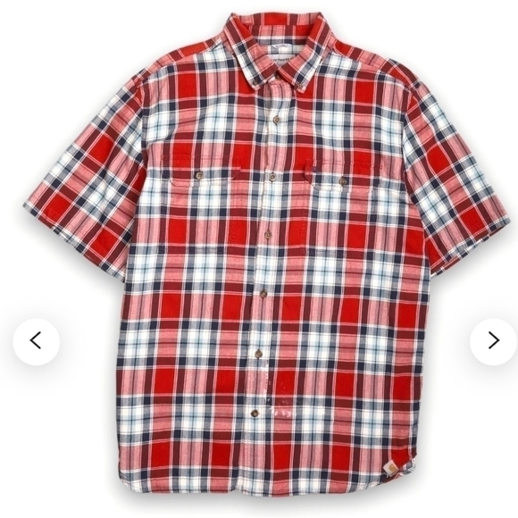 Carhartt Men's Red and Navy Plaid button down short sleeve shirt Size Large - Picture 1 of 5
